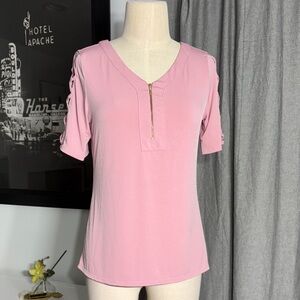 Chic Pink Short Sleeve Top with Zipper